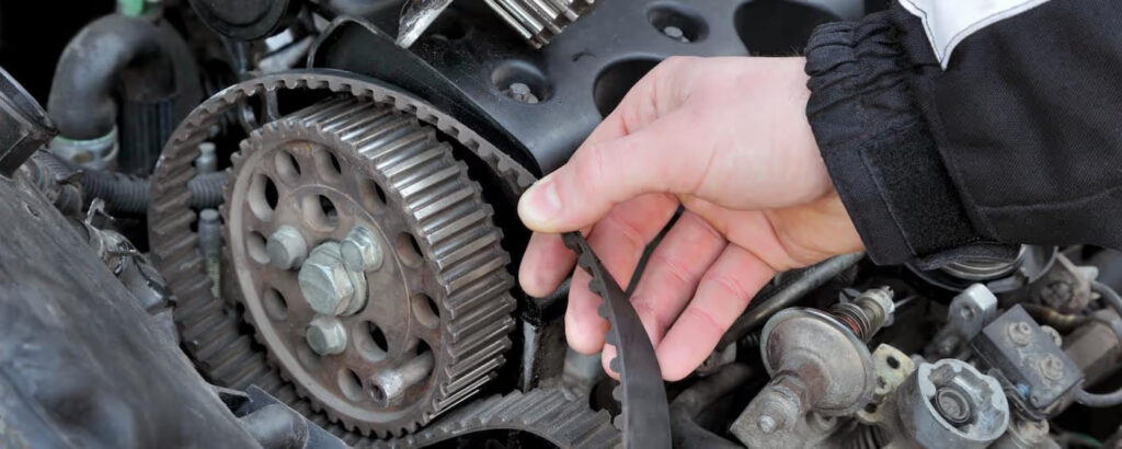 Mechanic inspecting a worn timing belt on a car engine, revealing gear teeth and internal engine components during maintenance.